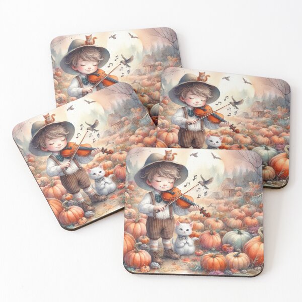 Item preview, Boy in Suspenders and Hat Playing Violin with Cats and Birds in Pumpkin Patch by Old-Fashioned Cottage designed and sold by ElegantTeaTime.