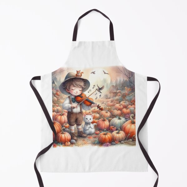 Item preview, Boy in Suspenders and Hat Playing Violin with Cats and Birds in Pumpkin Patch by Old-Fashioned Cottage designed and sold by ElegantTeaTime.
