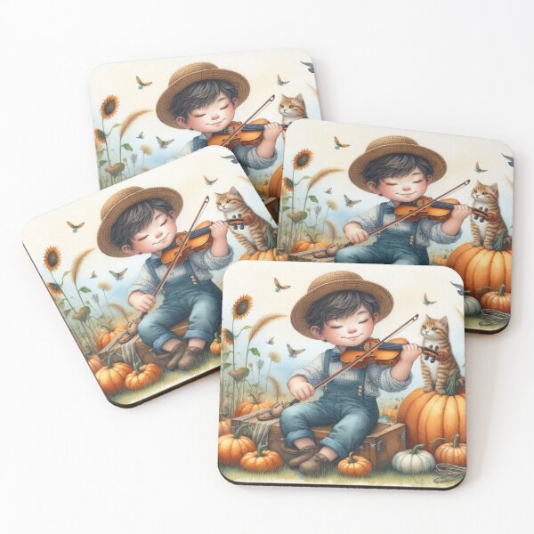 Item preview, Boy in Traveling Attire Playing Violin with Striped Orange Tabby Cat and Birds in Pumpkin Patch with Sunflowers designed and sold by ElegantTeaTime.