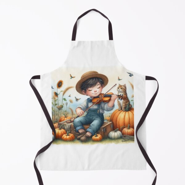 Item preview, Boy in Traveling Attire Playing Violin with Striped Orange Tabby Cat and Birds in Pumpkin Patch with Sunflowers designed and sold by ElegantTeaTime.