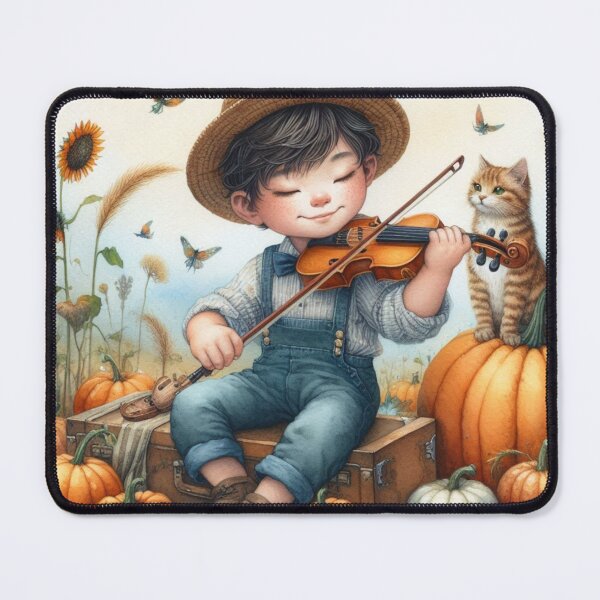Item preview, Boy in Traveling Attire Playing Violin with Striped Orange Tabby Cat and Birds in Pumpkin Patch with Sunflowers designed and sold by ElegantTeaTime.