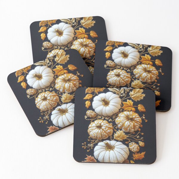 Item preview, White and golden pumpkins and autumn leaves on black.  designed and sold by MargaretWiktor.
