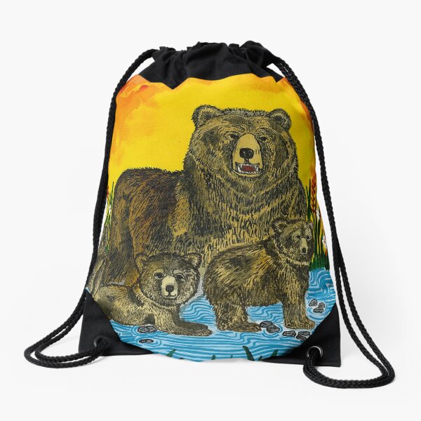 Bear family by river Drawstring Bag