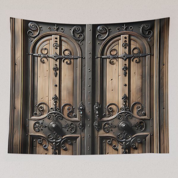 Item preview, Antique Rustic Wooden Door With Ornate Gothic Wrought Iron Hardware  designed and sold by DrewRomeoCo.