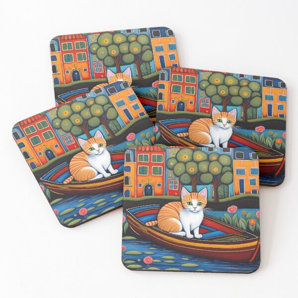 Item preview, Folk Art Kitten in a canal boat on a river designed and sold by Colin Bentham.