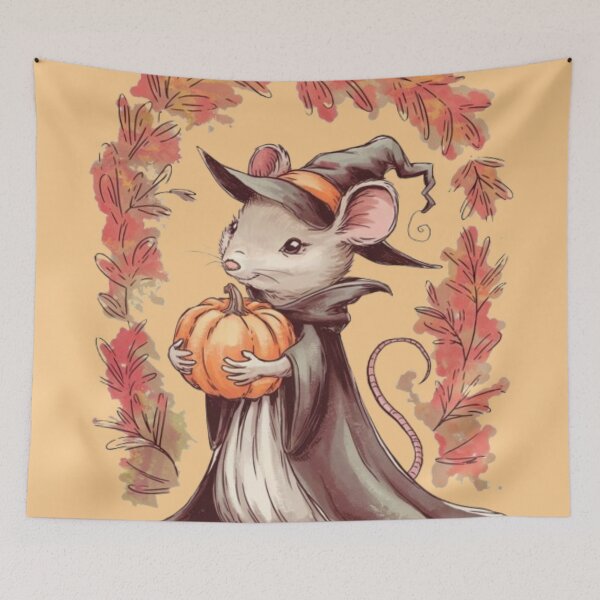 Item preview, a cute mouse dressed as a witch, holding a small pumpkin. designed and sold by 123ks.