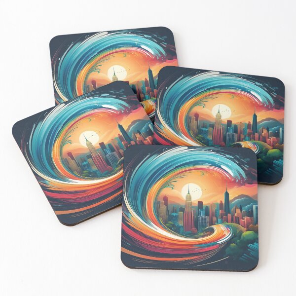 Item preview, Swirling Wave Cityscape with Vibrant Sunset designed and sold by RaiyaTees.