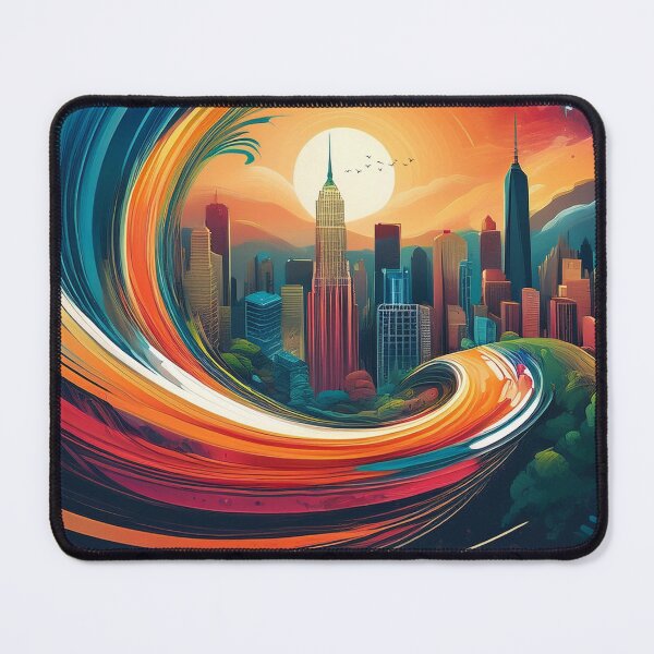 Item preview, Swirling Wave Cityscape with Vibrant Sunset designed and sold by RaiyaTees.