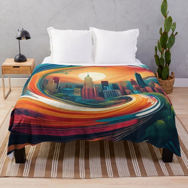 Item preview, Swirling Wave Cityscape with Vibrant Sunset designed and sold by RaiyaTees.