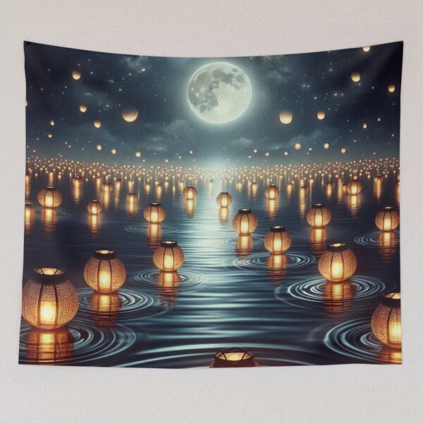 Item preview, A Celestial Reflection A Moonlit Sea of Lanterns designed and sold by TeslaSt0re.