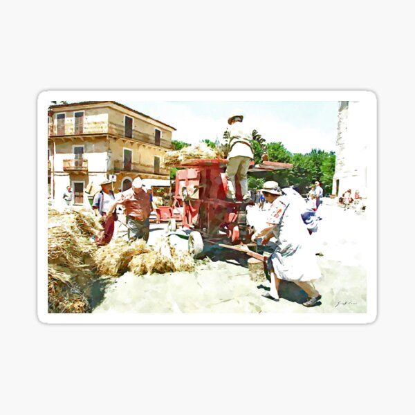 Item preview, Peasants around the threshing machine in the square designed and sold by Giuseppe Cocco.