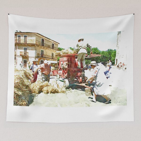 Item preview, Peasants around the threshing machine in the square designed and sold by Giuseppe Cocco.