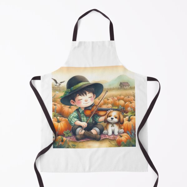 Item preview, Farmer Boy Playing Violin with Puppy and Bird in Pumpkin Patch designed and sold by ElegantTeaTime.