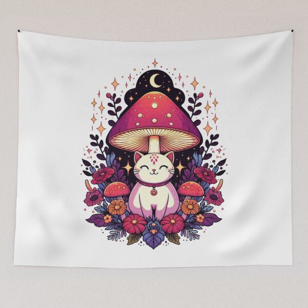 Item preview, Smiling cat under mushroom fantasy art designed and sold by BigBlueArt.
