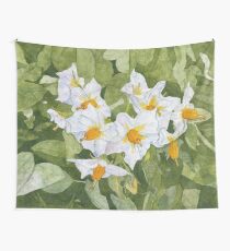 White Garden Blossoms Watercolor on Masa Paper Wall Tapestry