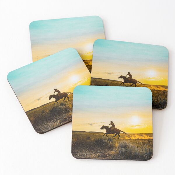 Item preview, Cowboy galloping against pastel Montana sky designed and sold by BerryvineImage.