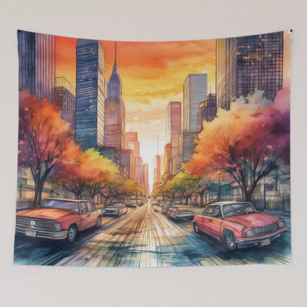 Item preview, Retro Sunset City Street – Watercolour Skyline designed and sold by RaiyaTees.