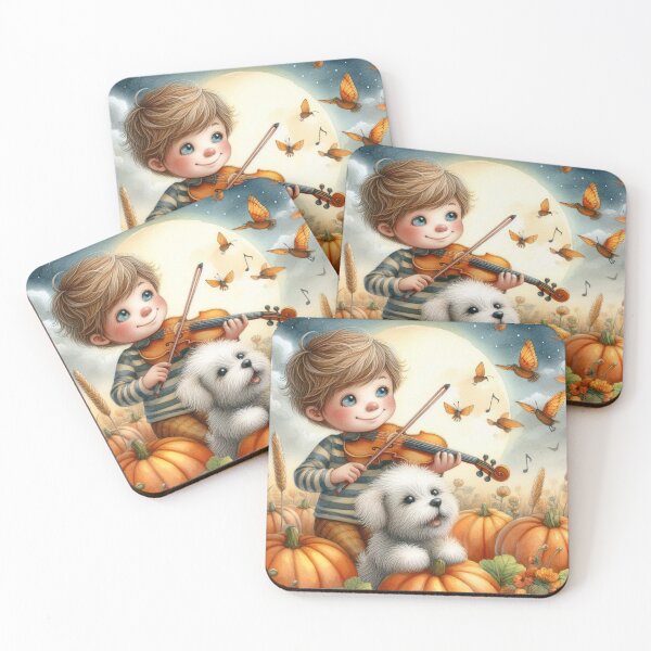 Item preview, Boy Playing Violin with Puppy and Birds in Pumpkin Patch under the Moon designed and sold by ElegantTeaTime.