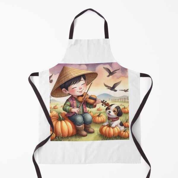 Item preview, Boy in Traditional Asian Attire Playing Violin with Puppy and Birds in Pumpkin Patch at Sunset designed and sold by ElegantTeaTime.