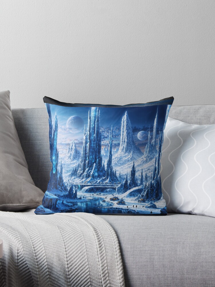 Futuristic Winter Landscape Of The Majestic Ice City of Alkinor AI Concept Art by Xzendor7 | Astonishing Alien Vision 4 Futuristic Winter Landscape Of The Majestic Ice City of Alkinor Astounding AI Concept Art by Xzendor7 Decorative Art Print Throw Pillow