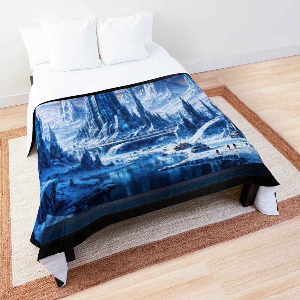 Futuristic Winter Landscape Of The Majestic Ice City of Alkinor AI Concept Art by Xzendor7 | Astonishing Alien Vision 3 Futuristic Winter Landscape Of The Majestic Ice City of Alkinor Astounding AI Concept Art by Xzendor7 Decorative Art Print Comforter