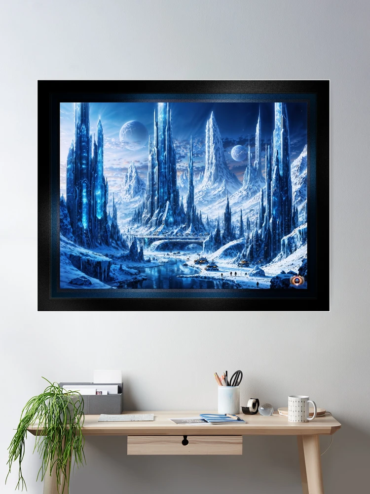 Futuristic Winter Landscape Of The Majestic Ice City of Alkinor AI Concept Art by Xzendor7 | Astonishing Alien Vision 2 Futuristic Winter Landscape Of The Majestic Ice City of Alkinor Astounding AI Concept Art by Xzendor7 Wall Decor Poster Art Print