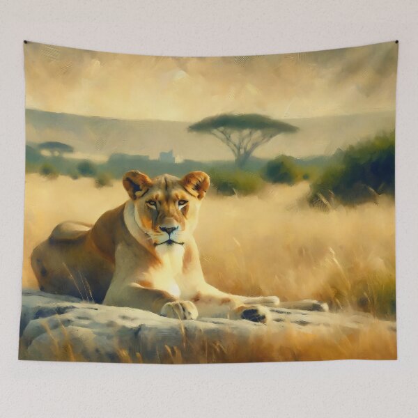 Aperçu de l'œuvre Lionne sereine dans la savane créée et vendue par GoldenPattern.