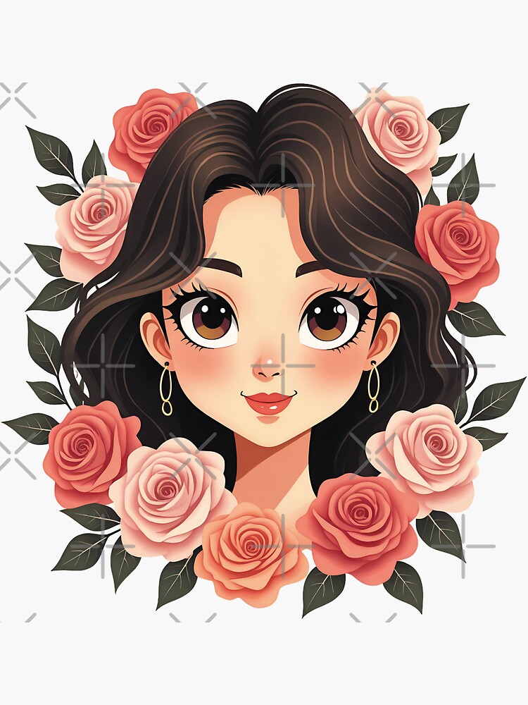 Thumbnail 3 of 3, Sticker, Floral Beauty Anime Girl Portrait designed and sold by FotiraStudio.