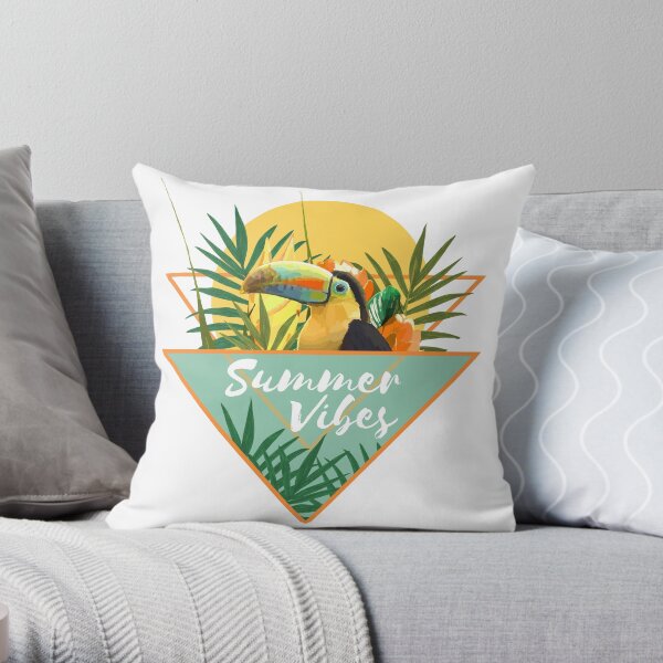 Sommer-Vibes-Typografie-tropischer Blumenstrauß mit Toucan Dekokissen