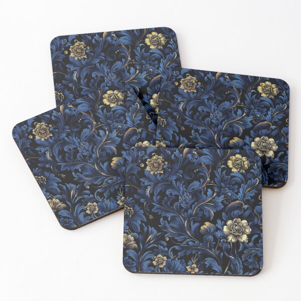 Item preview, elegant navy blue & gold floral ornaments pattern / dejco. art domin designed and sold by dejco.art.