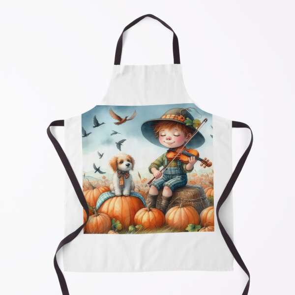 Item preview, Red-Haired Boy Playing Violin with Puppy and Birds in Pumpkin Field designed and sold by ElegantTeaTime.
