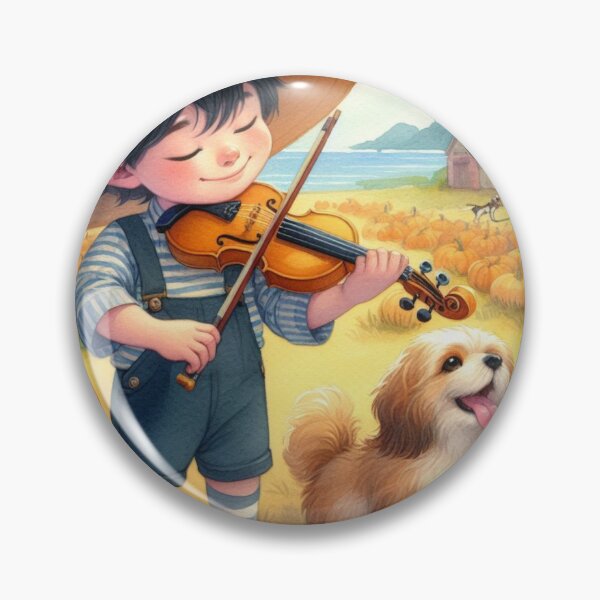 Item preview, Boy Playing Violin with Puppy in Pumpkin Field on Lakeside Farm designed and sold by ElegantTeaTime.
