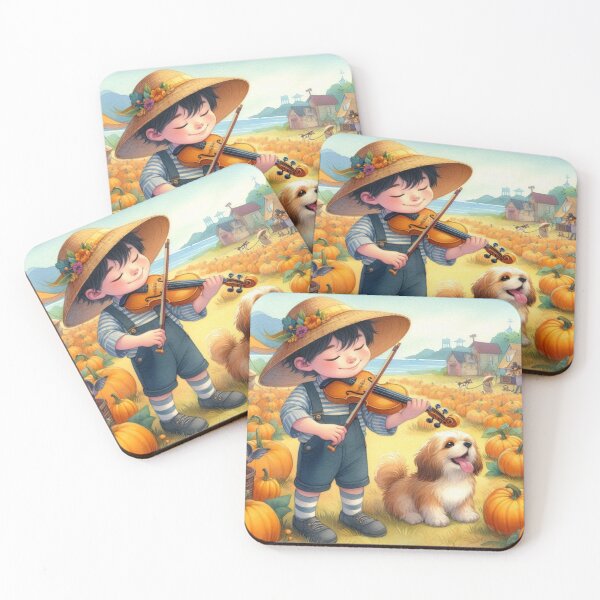 Item preview, Boy Playing Violin with Puppy in Pumpkin Field on Lakeside Farm designed and sold by ElegantTeaTime.