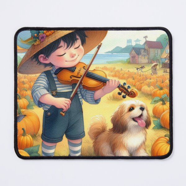 Item preview, Boy Playing Violin with Puppy in Pumpkin Field on Lakeside Farm designed and sold by ElegantTeaTime.