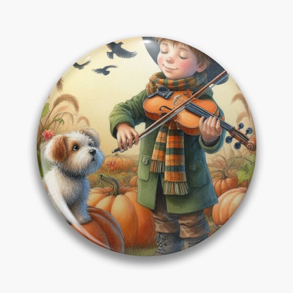Item preview, Boy in Top Hat Playing Violin with Puppy and Birds in Pumpkin Patch at Sunset designed and sold by ElegantTeaTime.