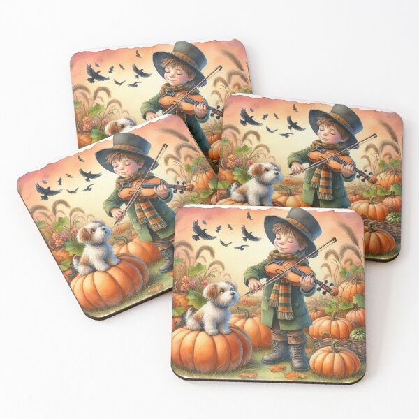 Item preview, Boy in Top Hat Playing Violin with Puppy and Birds in Pumpkin Patch at Sunset designed and sold by ElegantTeaTime.