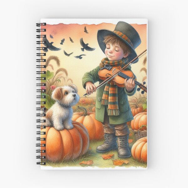 Item preview, Boy in Top Hat Playing Violin with Puppy and Birds in Pumpkin Patch at Sunset designed and sold by ElegantTeaTime.