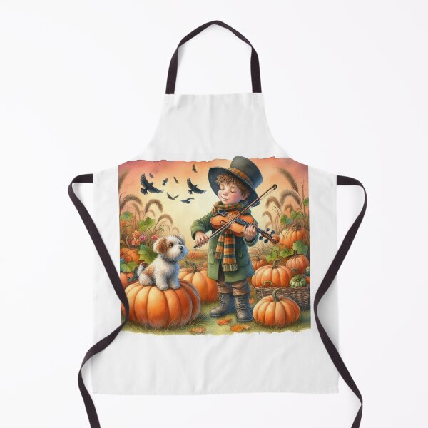 Item preview, Boy in Top Hat Playing Violin with Puppy and Birds in Pumpkin Patch at Sunset designed and sold by ElegantTeaTime.