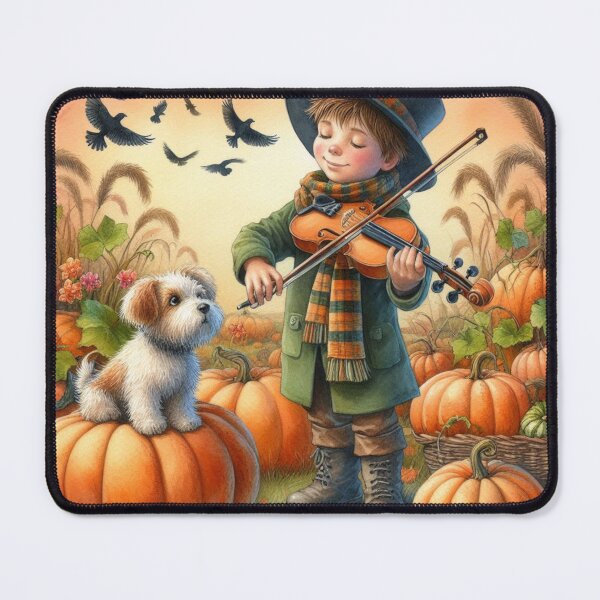 Item preview, Boy in Top Hat Playing Violin with Puppy and Birds in Pumpkin Patch at Sunset designed and sold by ElegantTeaTime.