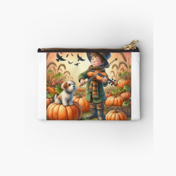 Item preview, Boy in Top Hat Playing Violin with Puppy and Birds in Pumpkin Patch at Sunset designed and sold by ElegantTeaTime.