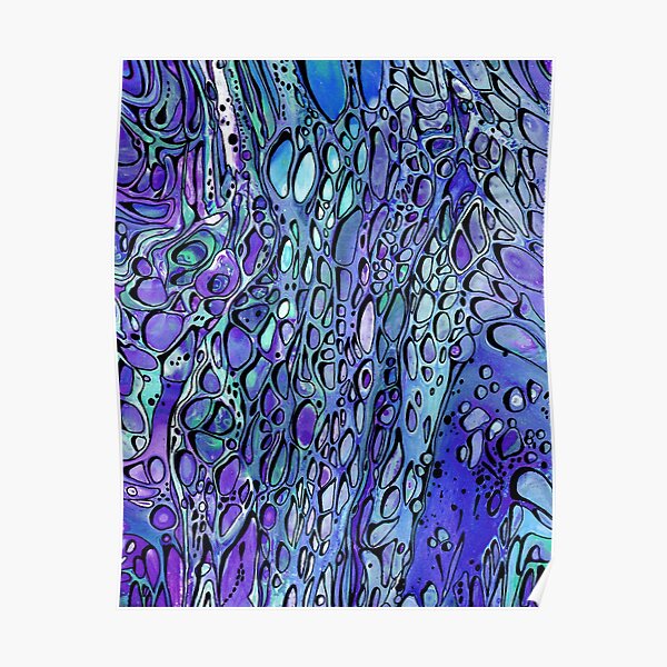 Aqua and Purple - Paint Pour Print with Fineliner Pen Detail Poster