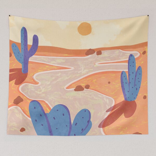 Item preview, Path Through the Painted Desert, Wander Through the Dunes, Warm Tones Glow In Desert, Blue Cacti In The Golden Sunset designed and sold by Kintsugi99.