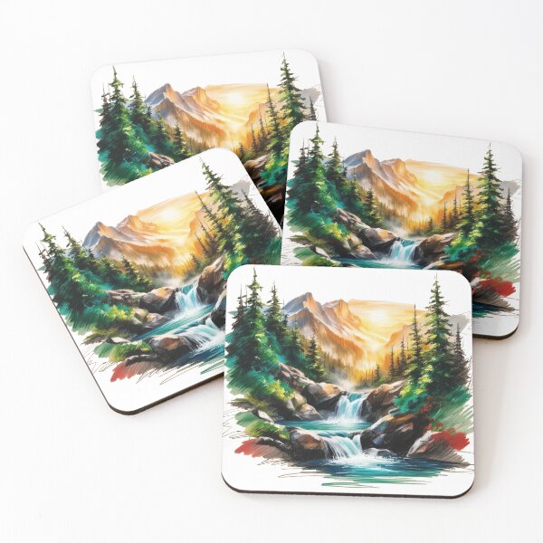 Item preview, A beautiful mountain scene with a waterfall and a sun setting in the background designed and sold by PWDigitalArt.