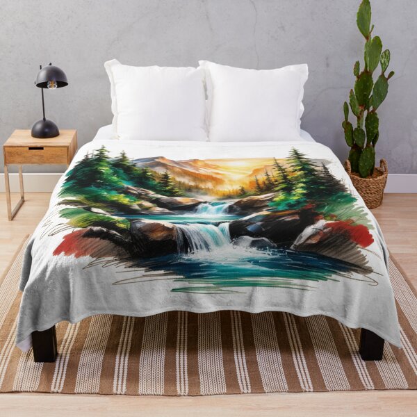 Item preview, Una hermosa escena de montaña con una cascada y una puesta de sol al fondo. designed and sold by PWDigitalArt.