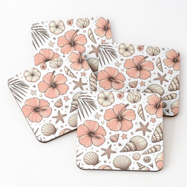 Item preview, Hibiscus flowers and pink sea shells beach theme designed and sold by Kait C.