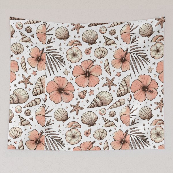 Item preview, Hibiscus flowers and pink sea shells beach theme designed and sold by Kait C.