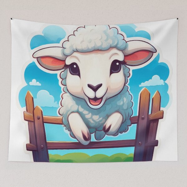 Item preview, A cute, cartoon sheep jumping on top of a wooden fence.  designed and sold by HEMRO.