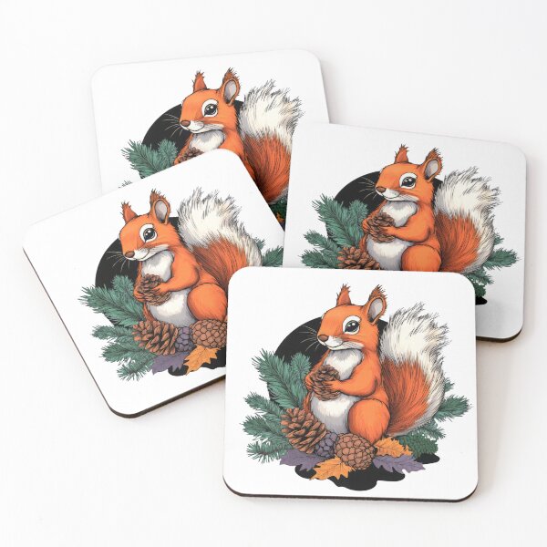 Item preview, A cheerful orange squirrel holding a pinecone amidst pine branches and cones, perfect for nature-themed designs. designed and sold by MNFTs.