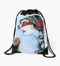 Tattooed beauty and cat friend Drawstring Bag