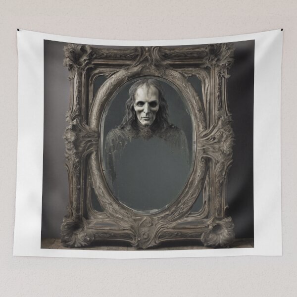 Item preview, Haunted Gothic Mirror with Ghostly Reflection - Spooky Halloween Art Print designed and sold by andrew758.